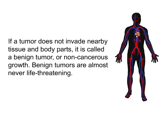 If a tumor does not invade nearby tissue and body parts, it is called a benign tumor, or non-cancerous growth. Benign tumors are almost never life-threatening.