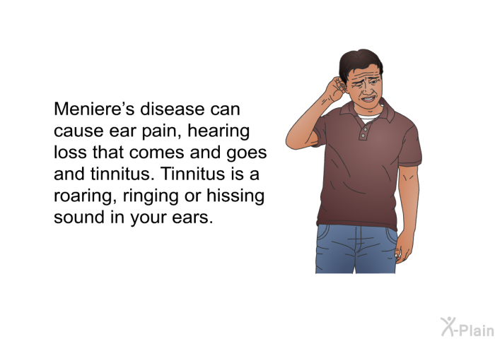 Meniere's disease can cause ear pain, hearing loss that comes and goes and tinnitus. Tinnitus is a roaring, ringing or hissing sound in your ears.