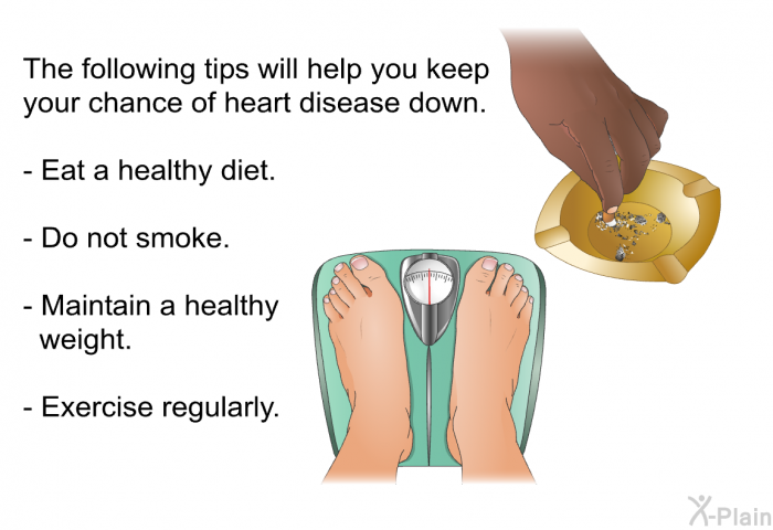 The following tips will help you keep your chance of heart disease down.  Eat a healthy diet. Do not smoke. Maintain a healthy weight. Exercise regularly.