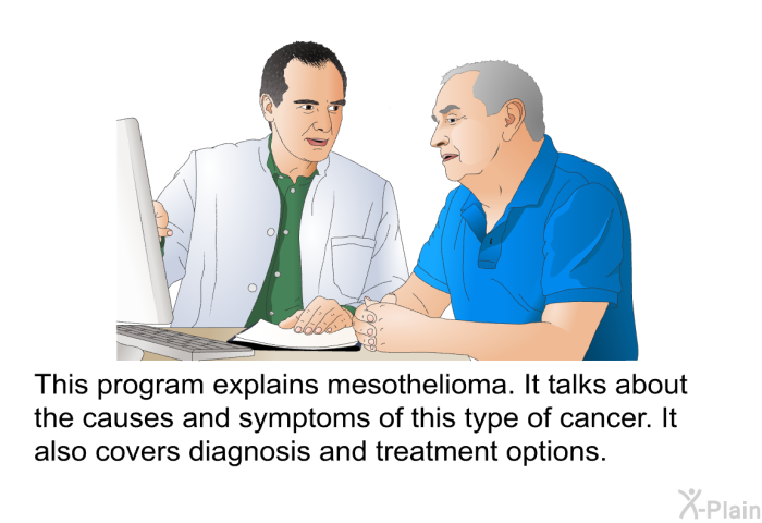 This health information explains mesothelioma. It talks about the causes and symptoms of this type of cancer. It also covers diagnosis and treatment options.