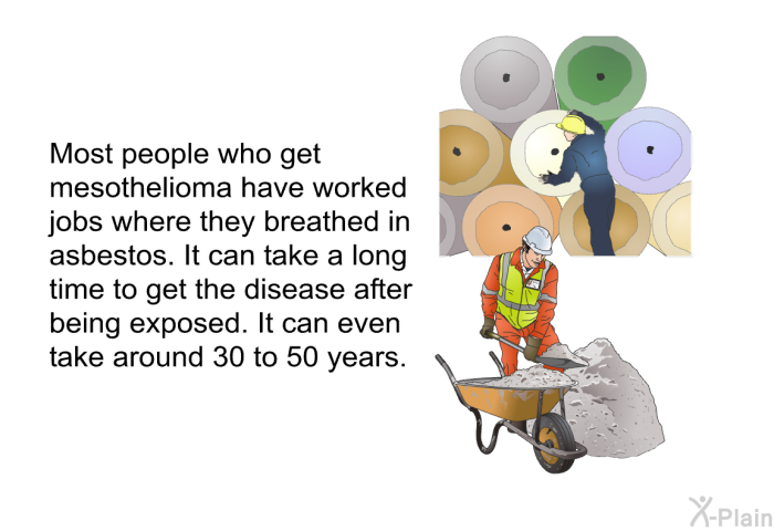 Most people who get mesothelioma have worked jobs where they breathed in asbestos. It can take a long time to get the disease after being exposed. It can even take around 30 to 50 years.