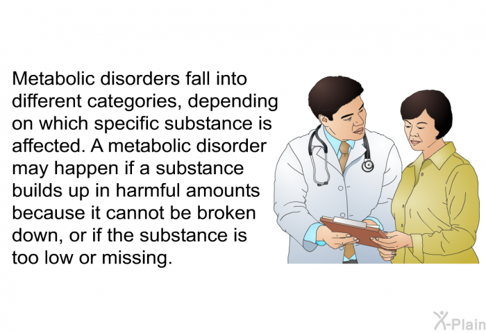 Metabolic disorders fall into different categories, depending on which specific substance is affected. A metabolic disorder may happen if a substance builds up in harmful amounts because it cannot be broken down, or if the substance is too low or missing.