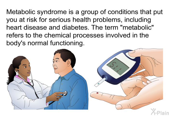 Metabolic syndrome is a group of conditions that put you at risk for serious health problems, including heart disease and diabetes. The term "metabolic" refers to the chemical processes involved in the body's normal functioning.