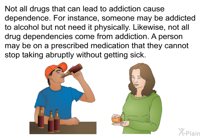 Not all drugs that can lead to addiction cause dependence. For instance, someone may be addicted to alcohol but not need it physically. Likewise, not all drug dependencies come from addiction. A person may be on a prescribed medication that they cannot stop taking abruptly without getting sick.