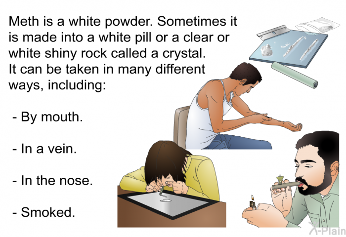Meth is a white powder. Sometimes it is made into a white pill or a clear or white shiny rock called a crystal. It can be taken in many different ways, including:  By mouth. In a vein. In the nose. Smoked.