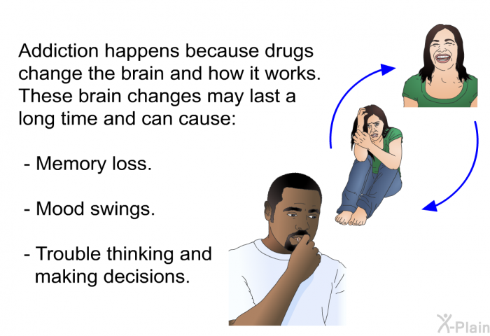 Addiction happens because drugs change the brain and how it works. These brain changes may last a long time and can cause:  Memory loss. Mood swings. Trouble thinking and making decisions.