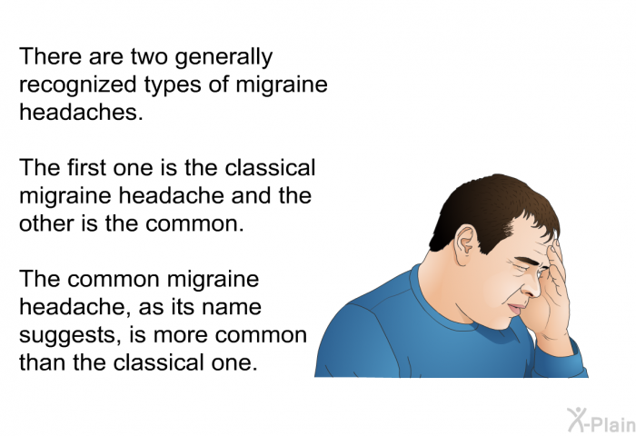 There are two generally recognized types of migraine headaches. The first one is the classical migraine headache and the other is the common. The common migraine headache, as its name suggests, is more common than the classical one.
