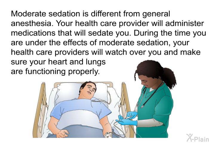 Moderate sedation is different from general anesthesia. Your health care provider will administer medications that will sedate you. During the time you are under the effects of moderate sedation, your health care providers will watch over you and make sure your heart and lungs are functioning properly.