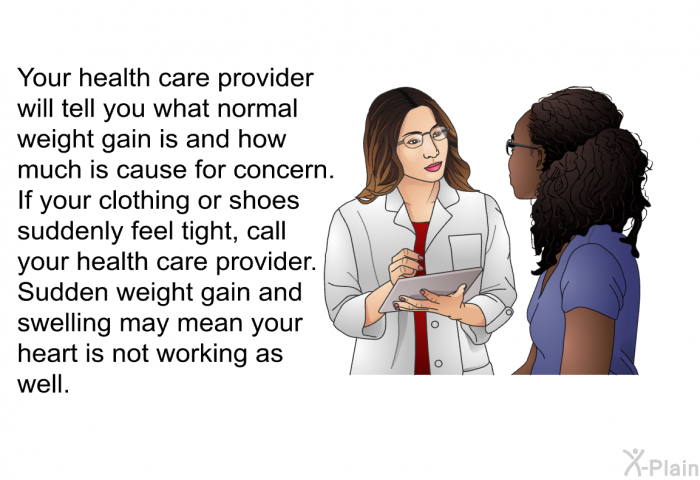 Your health care provider will tell you what normal weight gain is and how much is cause for concern. If your clothing or shoes suddenly feel tight, call your health care provider. Sudden weight gain and swelling may mean your heart is not working as well.