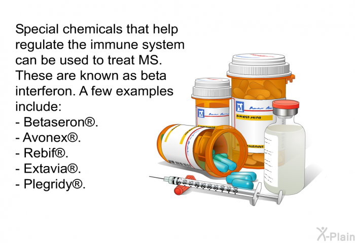 Special chemicals that help regulate the immune system can be used to treat MS. These are known as beta interferon. A few examples include:  Betaseron . Avonex . Rebif . Extavia . Plegridy .