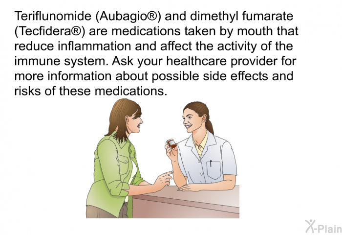Teriflunomide (Aubagio ) and dimethyl fumarate (Tecfidera ) are medications taken by mouth that reduce inflammation and affect the activity of the immune system. Ask your healthcare provider for more information about possible side effects and risks of these medications.