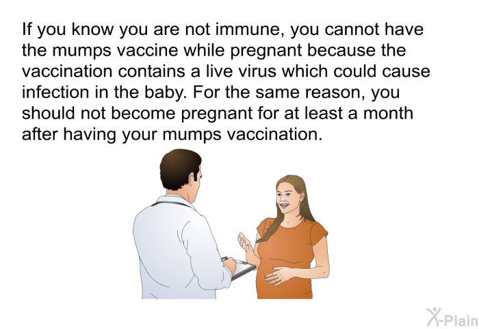 If you know you are not immune, you cannot have the mumps vaccine while pregnant because the vaccination contains a live virus which could cause infection in the baby. For the same reason, you should not become pregnant for at least a month after having your mumps vaccination.