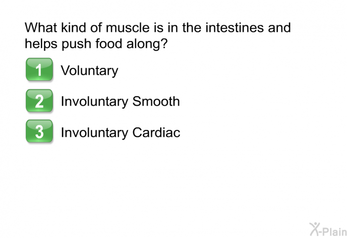 What kind of muscle is in the intestines and helps push food along?  Voluntary. Involuntary Smooth. Involuntary Cardiac.