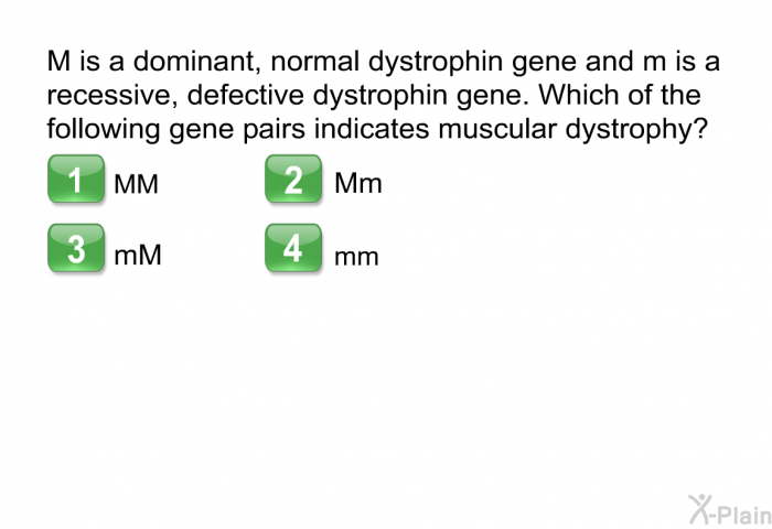 M is a dominant, normal dystrophin gene and m is a recessive, defective dystrophin gene. Which of the following gene pairs indicates muscular dystrophy?  MM Mm mM mm