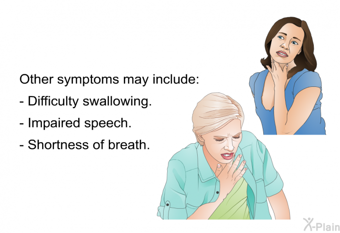 Other symptoms may include:  Difficulty swallowing. Impaired speech. Shortness of breath.