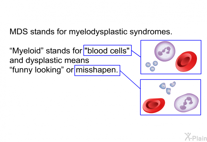 MDS stands for myelodysplastic syndromes. “Myeloid” stands for "blood cells" and dysplastic means “funny looking” or misshapen.
