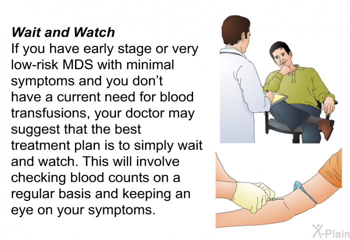 Wait and Watch If you have early stage or very low-risk MDS with minimal symptoms and you don't have a current need for blood transfusions, your doctor may suggest that the best treatment plan is to simply wait and watch. This will involve checking blood counts on a regular basis and keeping an eye on your symptoms.