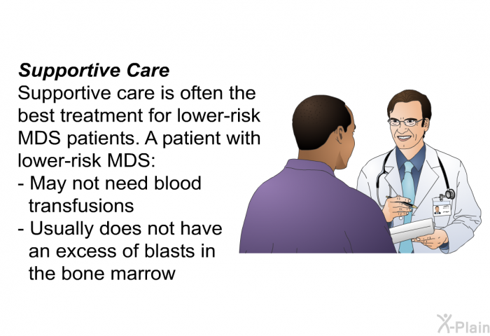 Supportive Care Supportive care is often the best treatment for lower-risk MDS patients. A patient with lower-risk MDS:  May not need blood transfusions Usually does not have an excess of blasts in the bone marrow
