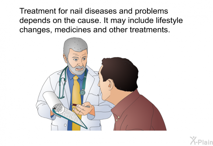 Treatment for nail diseases and problems depends on the cause. It may include lifestyle changes, medicines and other treatments.
