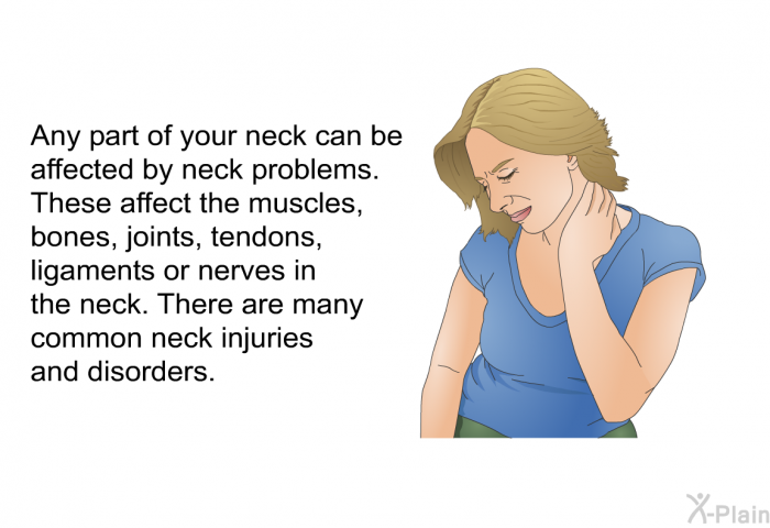 Any part of your neck can be affected by neck problems. These affect the muscles, bones, joints, tendons, ligaments or nerves in the neck. There are many common neck injuries and disorders.