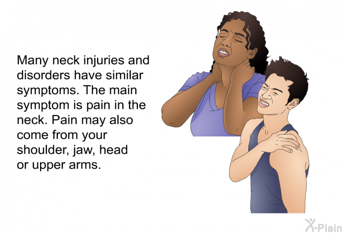 Many neck injuries and disorders have similar symptoms. The main symptom is pain in the neck. Pain may also come from your shoulder, jaw, head or upper arms.