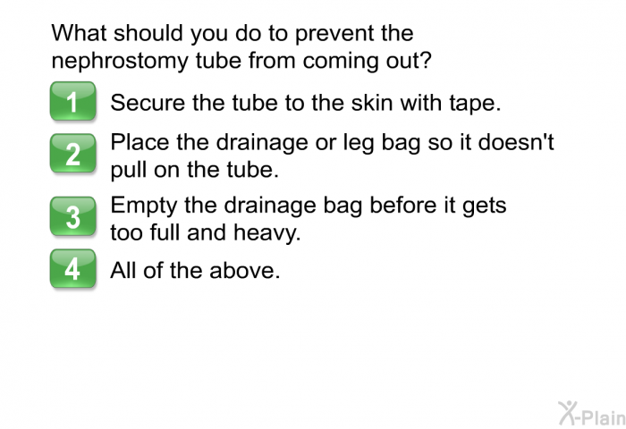 What should you do to prevent the nephrostomy tube from coming out?  Secure the tube to the skin with tape. Place the drainage or leg bag so it doesn't pull on the tube. Empty the drainage bag before it gets too full and heavy. All of the above.
