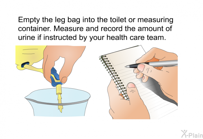 Empty the leg bag into the toilet or measuring container. Measure and record the amount of urine if instructed by your health care team.