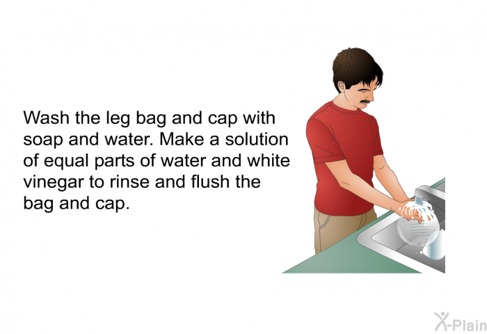 Wash the leg bag and cap with soap and water. Make a solution of equal parts of water and white vinegar to rinse and flush the bag and cap.