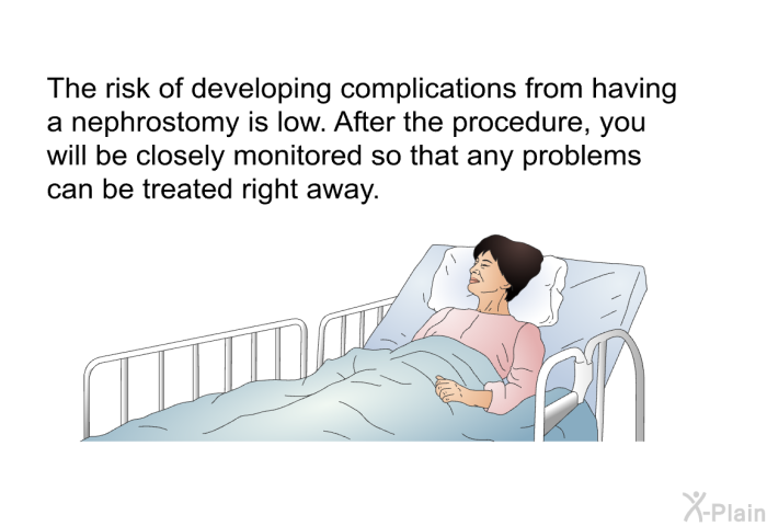 The risk of developing complications from having a nephrostomy is low. After the procedure, you will be closely monitored so that any problems can be treated right away.