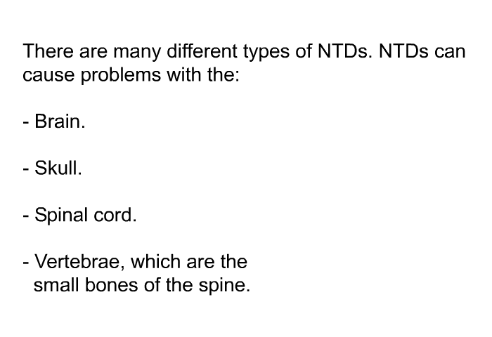 There are many different types of NTDs. NTDs can cause problems with the:  Brain. Skull. Spinal cord. Vertebrae, which are the small bones of the spine.
