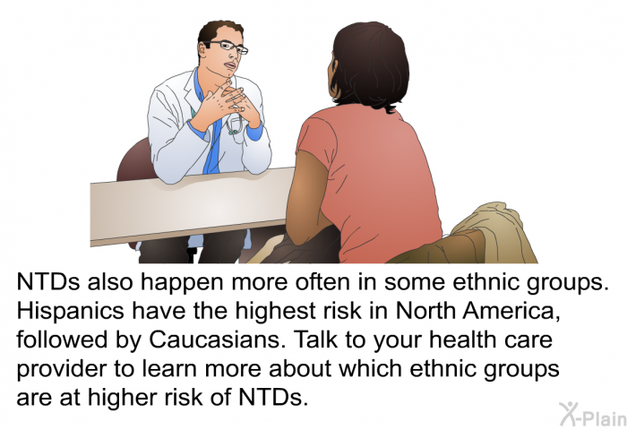 NTDs also happen more often in some ethnic groups. Hispanics have the highest risk in North America, followed by Caucasians. Talk to your health care provider to learn more about which ethnic groups are at higher risk of NTDs.