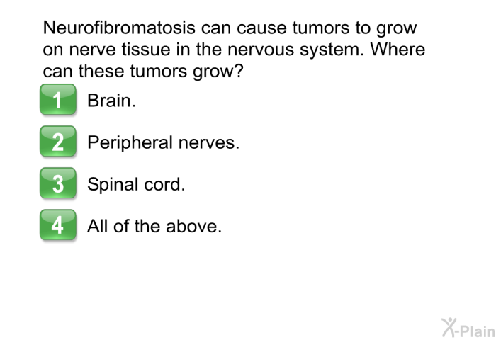 Neurofibromatosis can cause tumors to grow on nerve tissue in the nervous system. Where can these tumors grow?  Brain. Peripheral nerves. Spinal cord. All of the above.