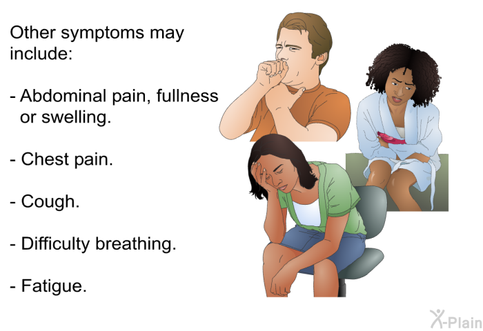 Other symptoms may include:  Abdominal pain, fullness or swelling. Chest pain. Cough. Difficulty breathing. Fatigue.