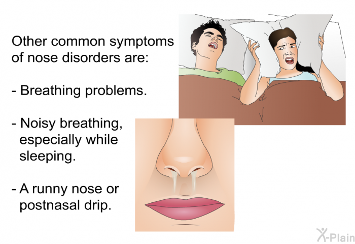 Other common symptoms of nose disorders are:  Breathing problems. Noisy breathing, especially while sleeping. A runny nose or postnasal drip.