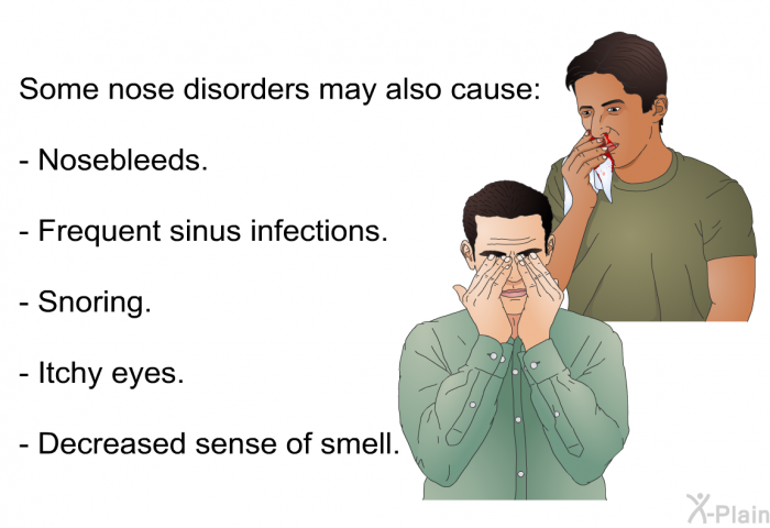 Some nose disorders may also cause:  Nosebleeds. Frequent sinus infections. Snoring. Itchy eyes. Decreased sense of smell.