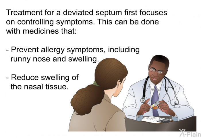 Treatment for a deviated septum first focuses on controlling symptoms. This can be done with medicines that:  Prevent allergy symptoms, including runny nose and swelling. Reduce swelling of the nasal tissue.