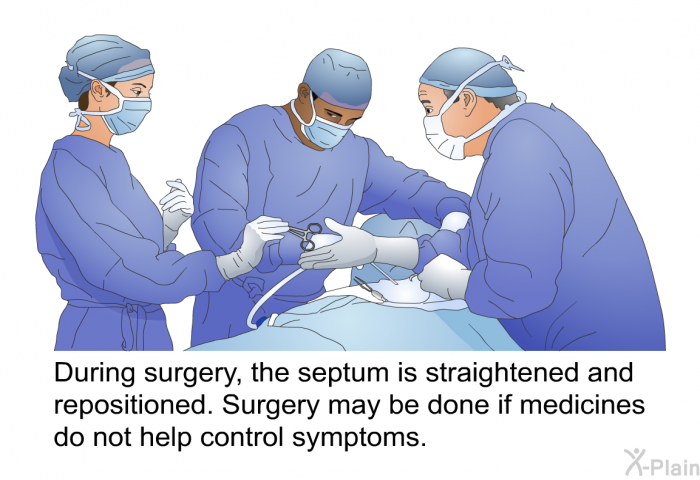During surgery, the septum is straightened and repositioned. Surgery may be done if medicines do not help control symptoms.