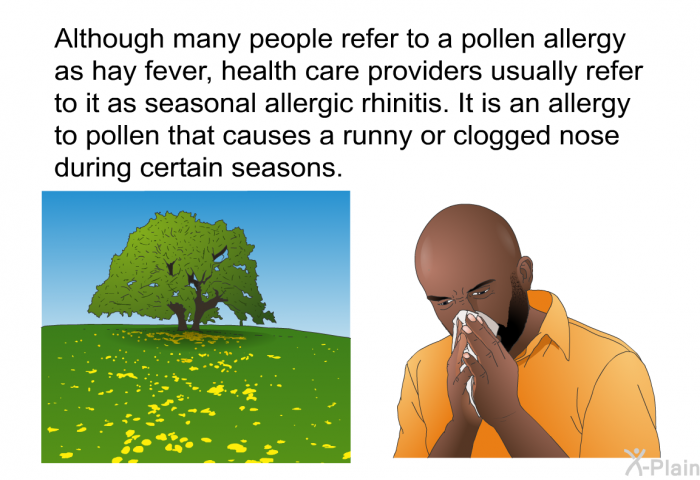 Although many people refer to a pollen allergy as hay fever, health care providers usually refer to it as seasonal allergic rhinitis. It is an allergy to pollen that causes a runny or clogged nose during certain seasons.