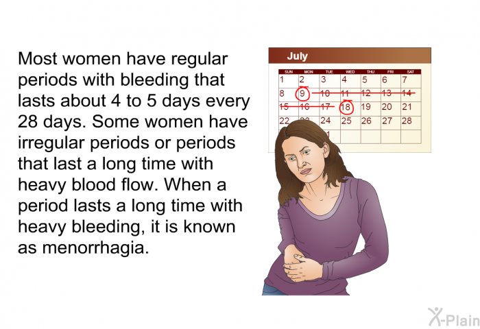 Most women have regular periods with bleeding that lasts about 4 to 5 days every 28 days. Some women have irregular periods or periods that last a long time with heavy blood flow. When a period lasts a long time with heavy bleeding, it is known as menorrhagia.