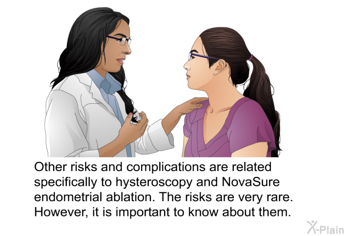 Other risks and complications are related specifically to hysteroscopy and NovaSure endometrial ablation. The risks are very rare. However, it is important to know about them.