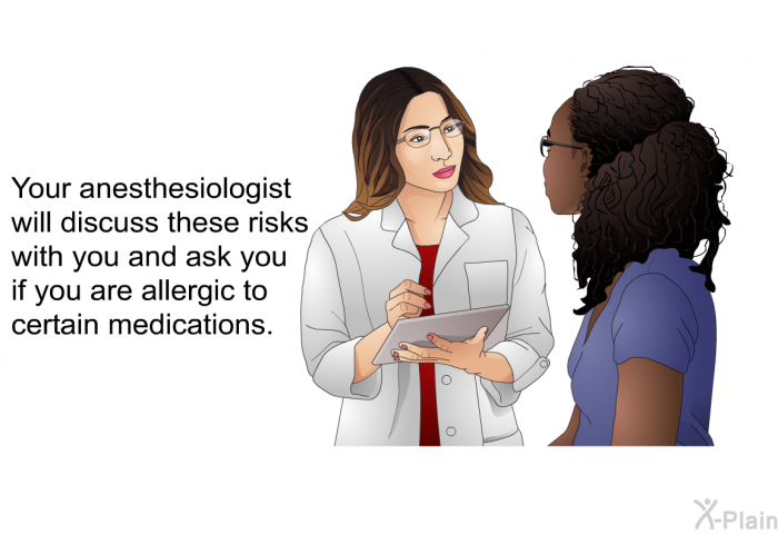 Your anesthesiologist will discuss these risks with you and ask you if you are allergic to certain medications.