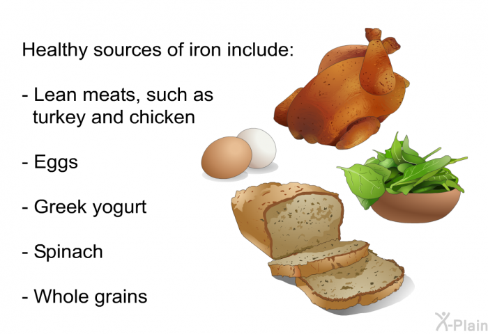 Healthy sources of iron include:  Lean meats, such as turkey and chicken Eggs Greek yogurt Spinach Whole grains