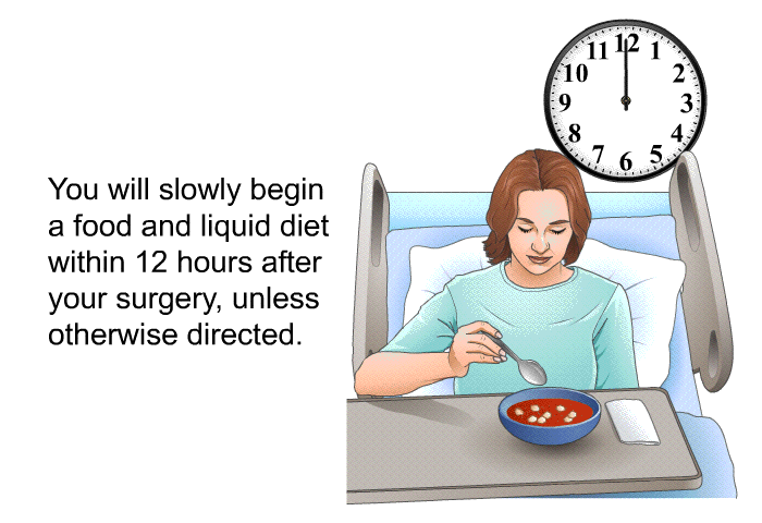 You will slowly begin a food and liquid diet within 12 hours after your surgery, unless otherwise directed.