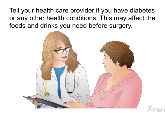Tell your health care provider if you have diabetes or any other health conditions. This may affect the foods and drinks you need before surgery.
