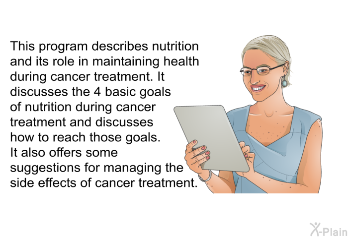 This health information describes nutrition and its role in maintaining health during cancer treatment. It discusses the 4 basic goals of nutrition during cancer treatment and discusses how to reach those goals. It also offers some suggestions for managing the side effects of cancer treatment.