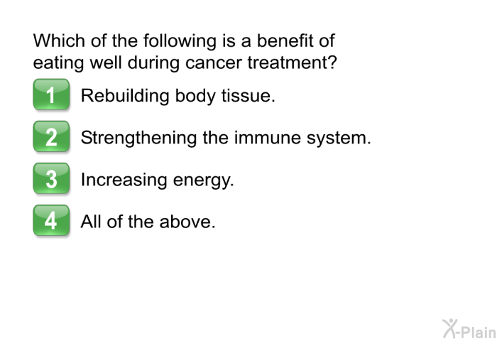 Which of the following is a benefit of eating well during cancer treatment?  Rebuilding body tissue. Strengthening the immune system. Increasing energy. All of the above.