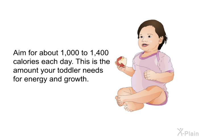 Aim for about 1,000 to 1,400 calories each day. This is the amount your toddler needs for energy and growth.