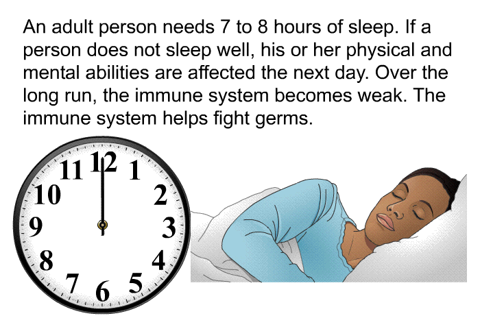 An adult person needs 7 to 8 hours of sleep. If a person does not sleep well, his or her physical and mental abilities are affected the next day. Over the long run, the immune system becomes weak. The immune system helps fight germs.