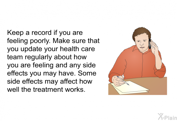 Keep a record if you are feeling poorly. Make sure that you update your health care team regularly about how you are feeling and any side effects you may have. Some side effects may affect how well the treatment works.