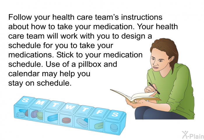 Follow your health care team's instructions about how to take your medication. Your health care team will work with you to design a schedule for you to take your medications. Stick to your medication schedule. Use of a pillbox and calendar may help you stay on schedule.